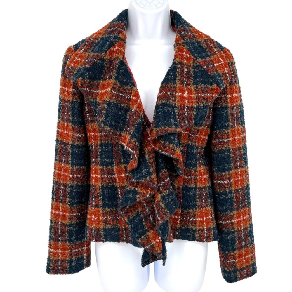 Anthropologie Tabitha Moretown Orange & Blue Plaid Wool Blend Ruffle Blazer Jack